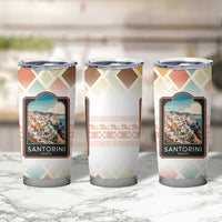 Santorini Greece Tumbler Cup Sunset Village Print and Mediterranean Geometric Pattern