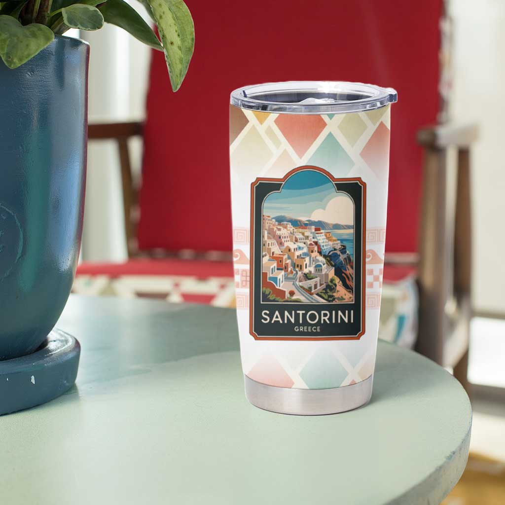 Santorini Greece Tumbler Cup Sunset Village Print and Mediterranean Geometric Pattern