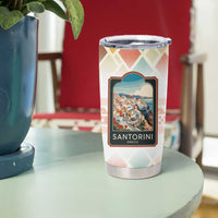 Santorini Greece Tumbler Cup Sunset Village Print and Mediterranean Geometric Pattern