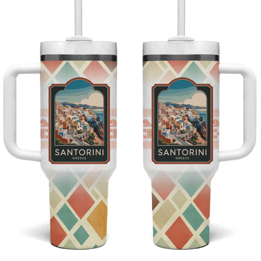 Santorini Greece Tumbler With Handle Sunset Village Print and Mediterranean Geometric Pattern