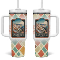 Santorini Greece Tumbler With Handle Sunset Village Print and Mediterranean Geometric Pattern