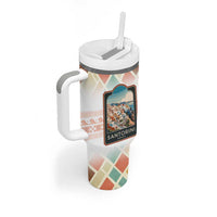 Santorini Greece Tumbler With Handle Sunset Village Print and Mediterranean Geometric Pattern