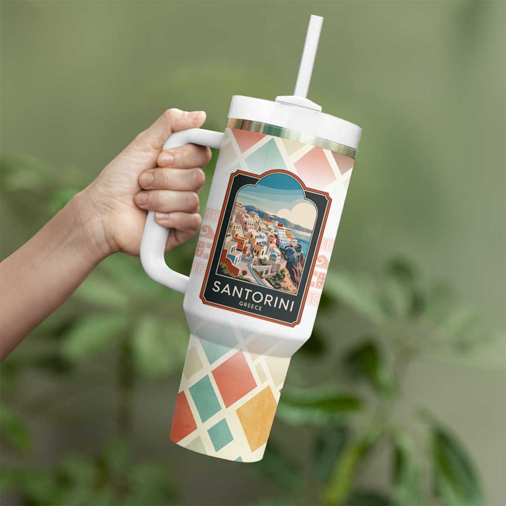 Santorini Greece Tumbler With Handle Sunset Village Print and Mediterranean Geometric Pattern