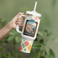 Santorini Greece Tumbler With Handle Sunset Village Print and Mediterranean Geometric Pattern