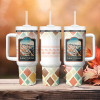 Santorini Greece Tumbler With Handle Sunset Village Print and Mediterranean Geometric Pattern