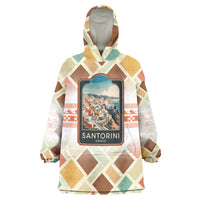 Santorini Greece Wearable Blanket Hoodie Sunset Village Print and Mediterranean Geometric Pattern