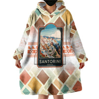 Santorini Greece Wearable Blanket Hoodie Sunset Village Print and Mediterranean Geometric Pattern