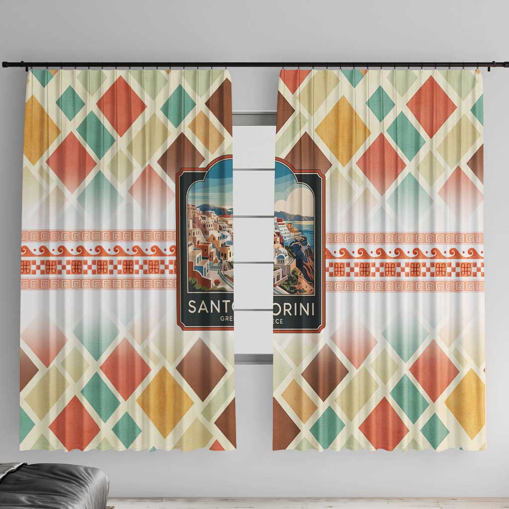 Santorini Greece Window Curtain Sunset Village Print and Mediterranean Geometric Pattern