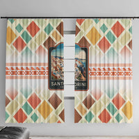 Santorini Greece Window Curtain Sunset Village Print and Mediterranean Geometric Pattern