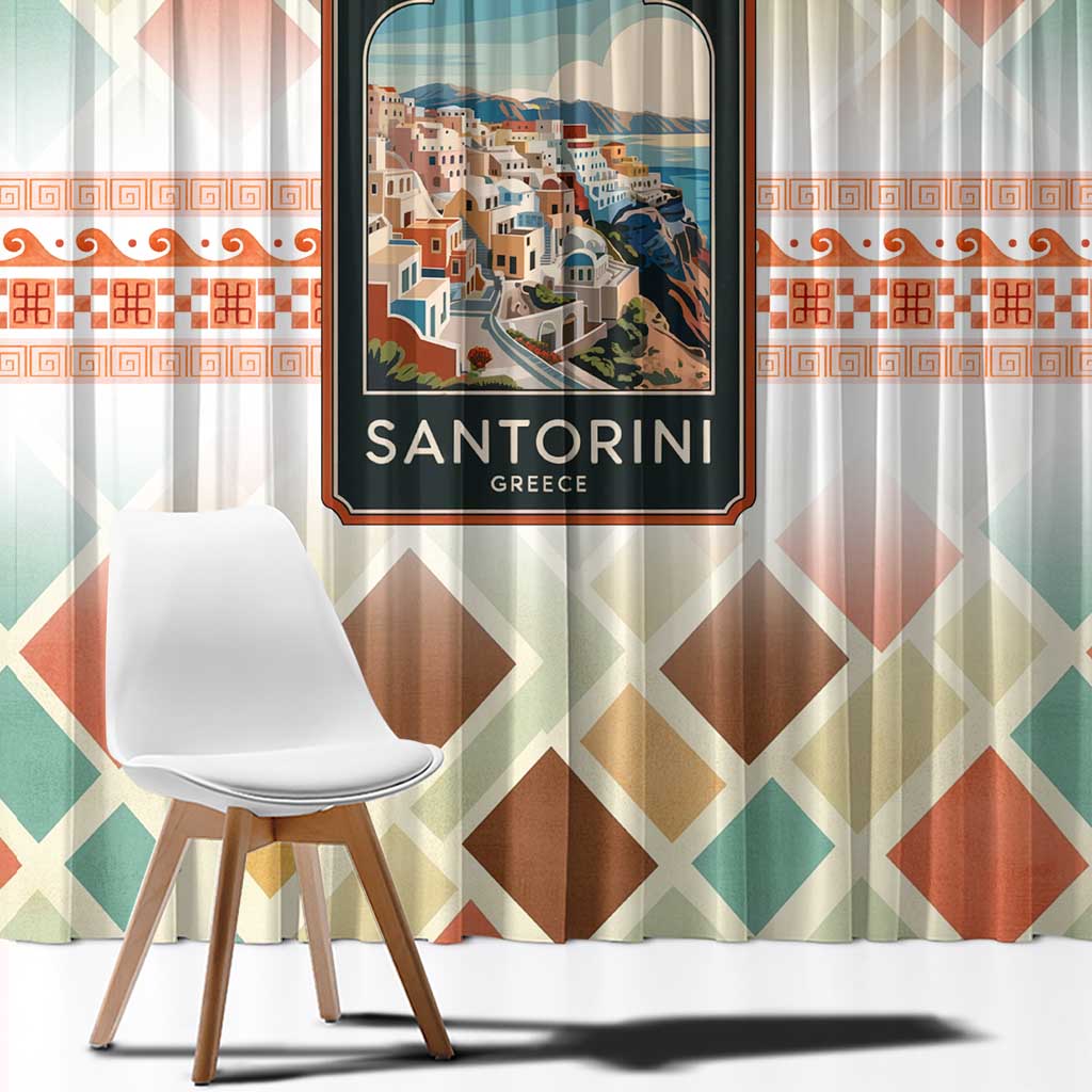 Santorini Greece Window Curtain Sunset Village Print and Mediterranean Geometric Pattern