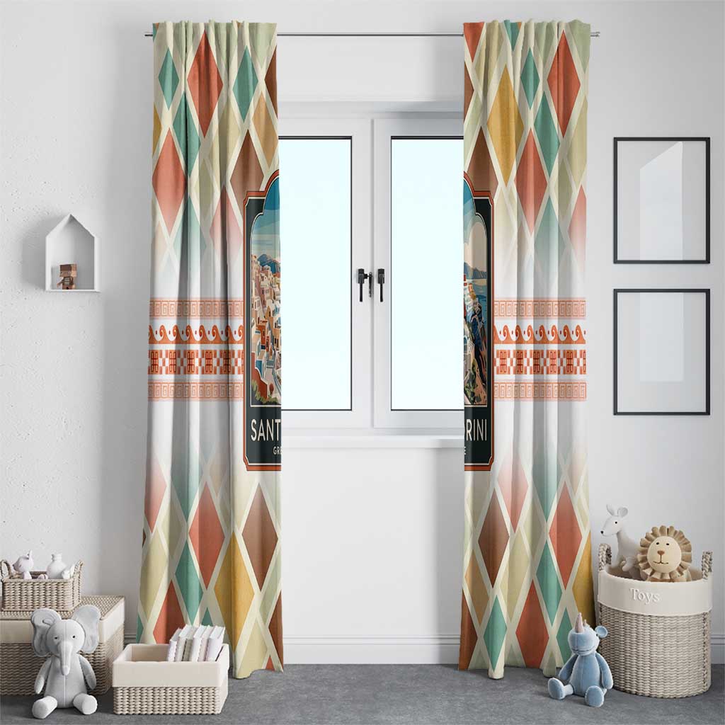 Santorini Greece Window Curtain Sunset Village Print and Mediterranean Geometric Pattern