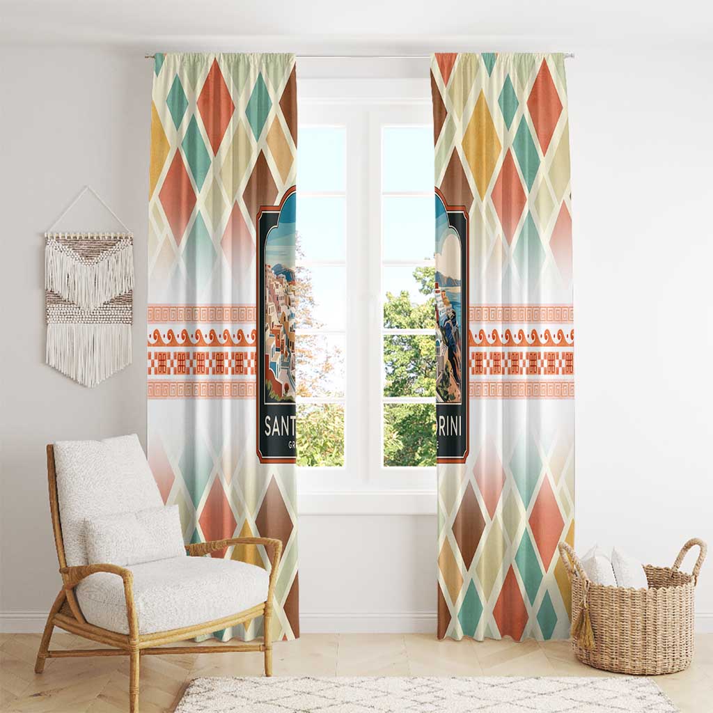 Santorini Greece Window Curtain Sunset Village Print and Mediterranean Geometric Pattern
