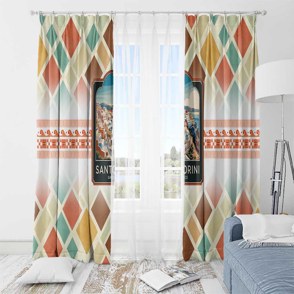 Santorini Greece Window Curtain Sunset Village Print and Mediterranean Geometric Pattern