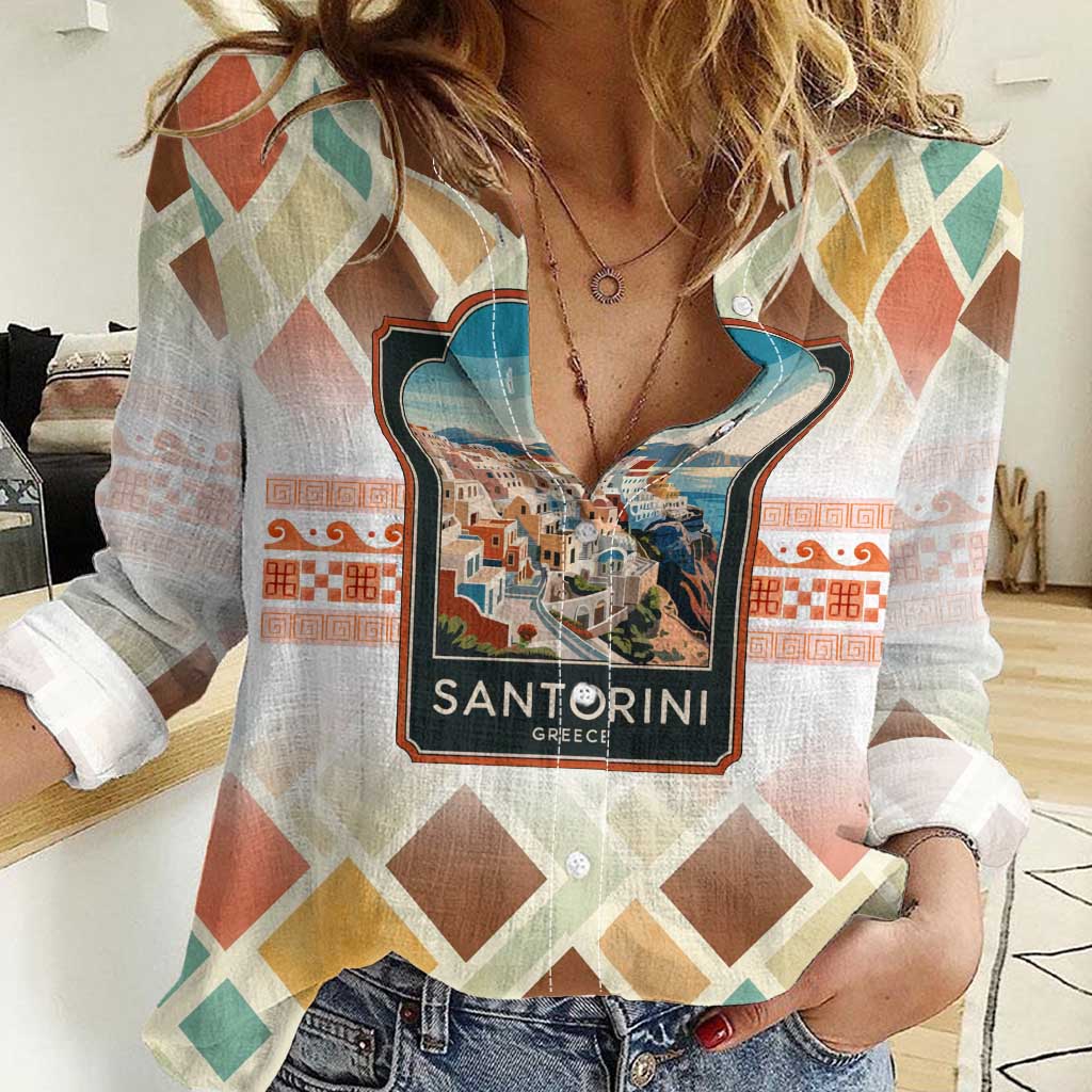 Santorini Greece Women Casual Shirt Sunset Village Print and Mediterranean Geometric Pattern