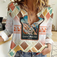 Santorini Greece Women Casual Shirt Sunset Village Print and Mediterranean Geometric Pattern