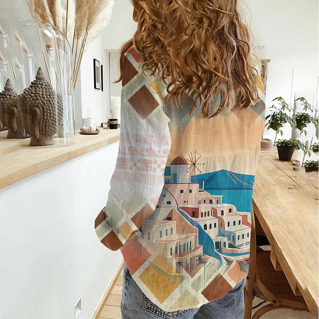 Santorini Greece Women Casual Shirt Sunset Village Print and Mediterranean Geometric Pattern