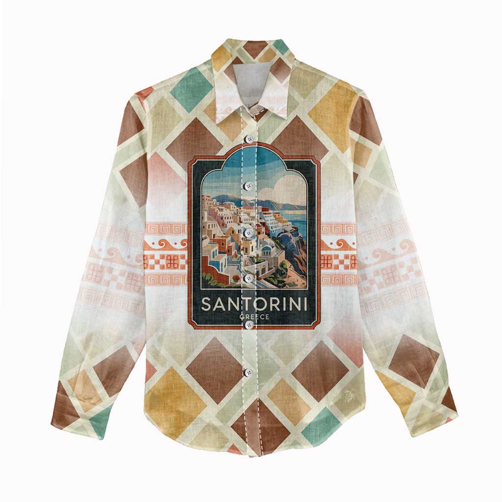 Santorini Greece Women Casual Shirt Sunset Village Print and Mediterranean Geometric Pattern