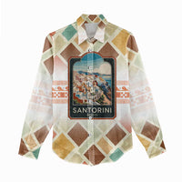 Santorini Greece Women Casual Shirt Sunset Village Print and Mediterranean Geometric Pattern