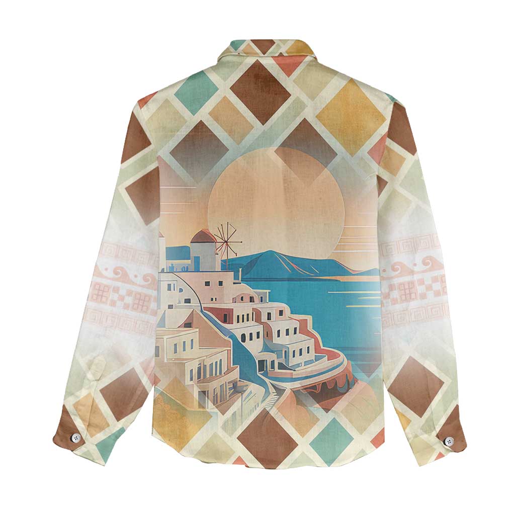 Santorini Greece Women Casual Shirt Sunset Village Print and Mediterranean Geometric Pattern