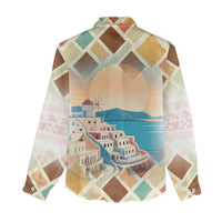 Santorini Greece Women Casual Shirt Sunset Village Print and Mediterranean Geometric Pattern