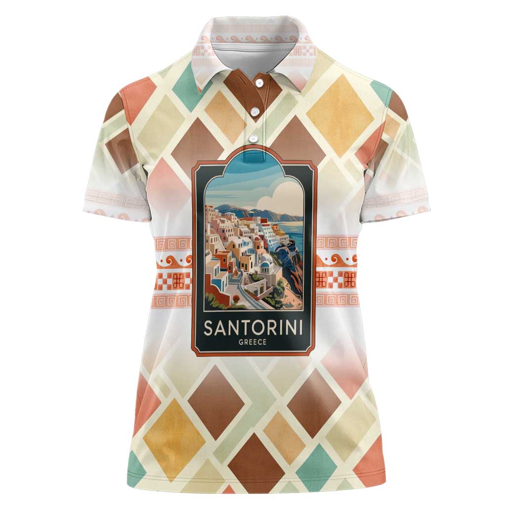 Santorini Greece Women Polo Shirt Sunset Village Print and Mediterranean Geometric Pattern