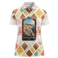 Santorini Greece Women Polo Shirt Sunset Village Print and Mediterranean Geometric Pattern