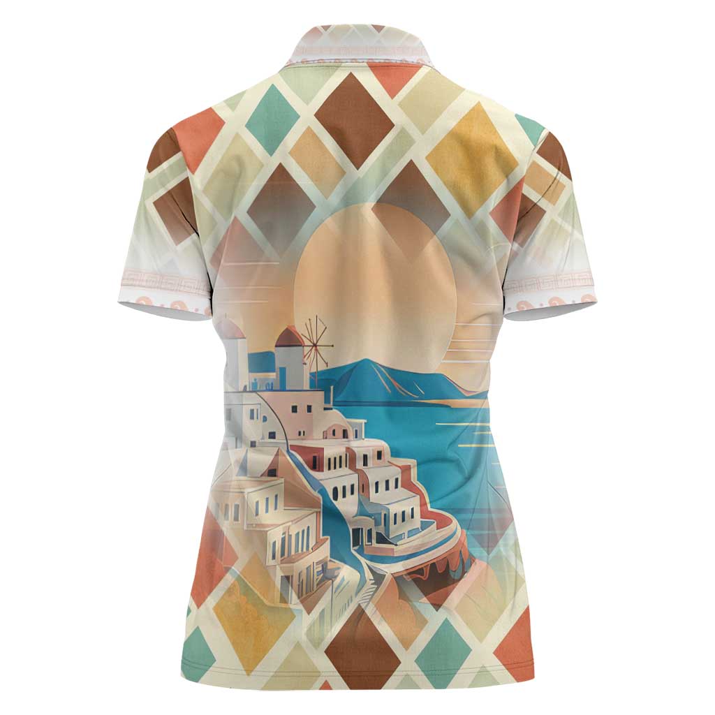 Santorini Greece Women Polo Shirt Sunset Village Print and Mediterranean Geometric Pattern