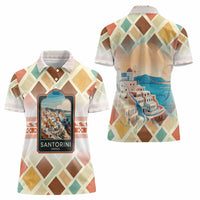 Santorini Greece Women Polo Shirt Sunset Village Print and Mediterranean Geometric Pattern