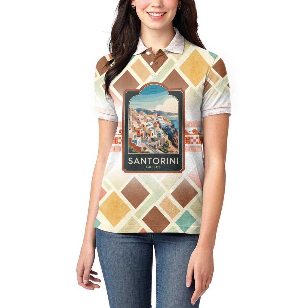 Santorini Greece Women Polo Shirt Sunset Village Print and Mediterranean Geometric Pattern