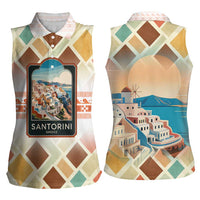 Santorini Greece Women Sleeveless Polo Shirt Sunset Village Print and Mediterranean Geometric Pattern