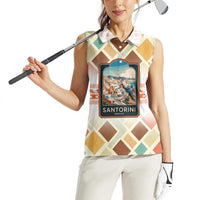 Santorini Greece Women Sleeveless Polo Shirt Sunset Village Print and Mediterranean Geometric Pattern