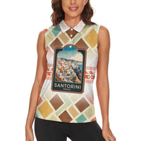 Santorini Greece Women Sleeveless Polo Shirt Sunset Village Print and Mediterranean Geometric Pattern