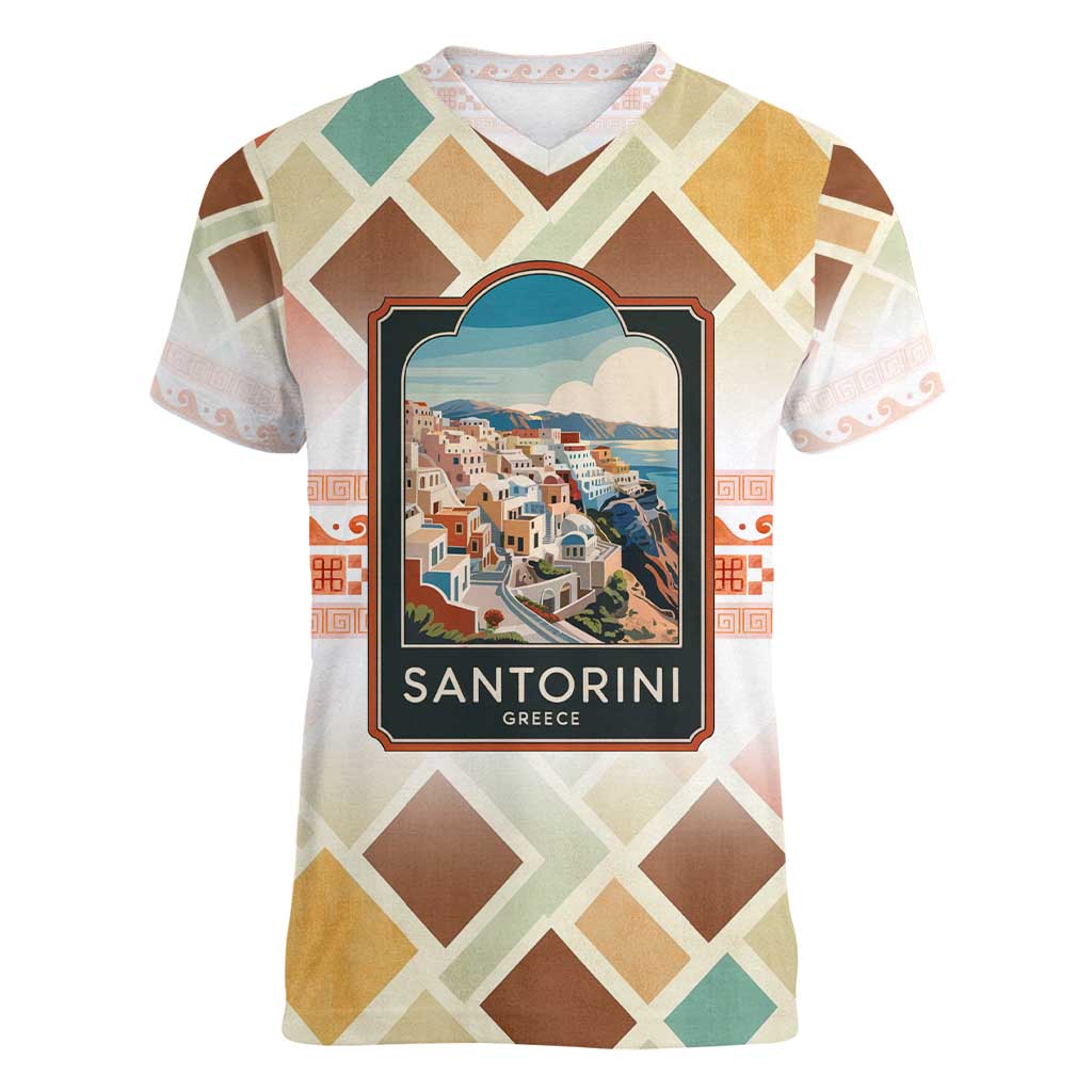 Santorini Greece Women V-Neck T-Shirt Sunset Village Print and Mediterranean Geometric Pattern