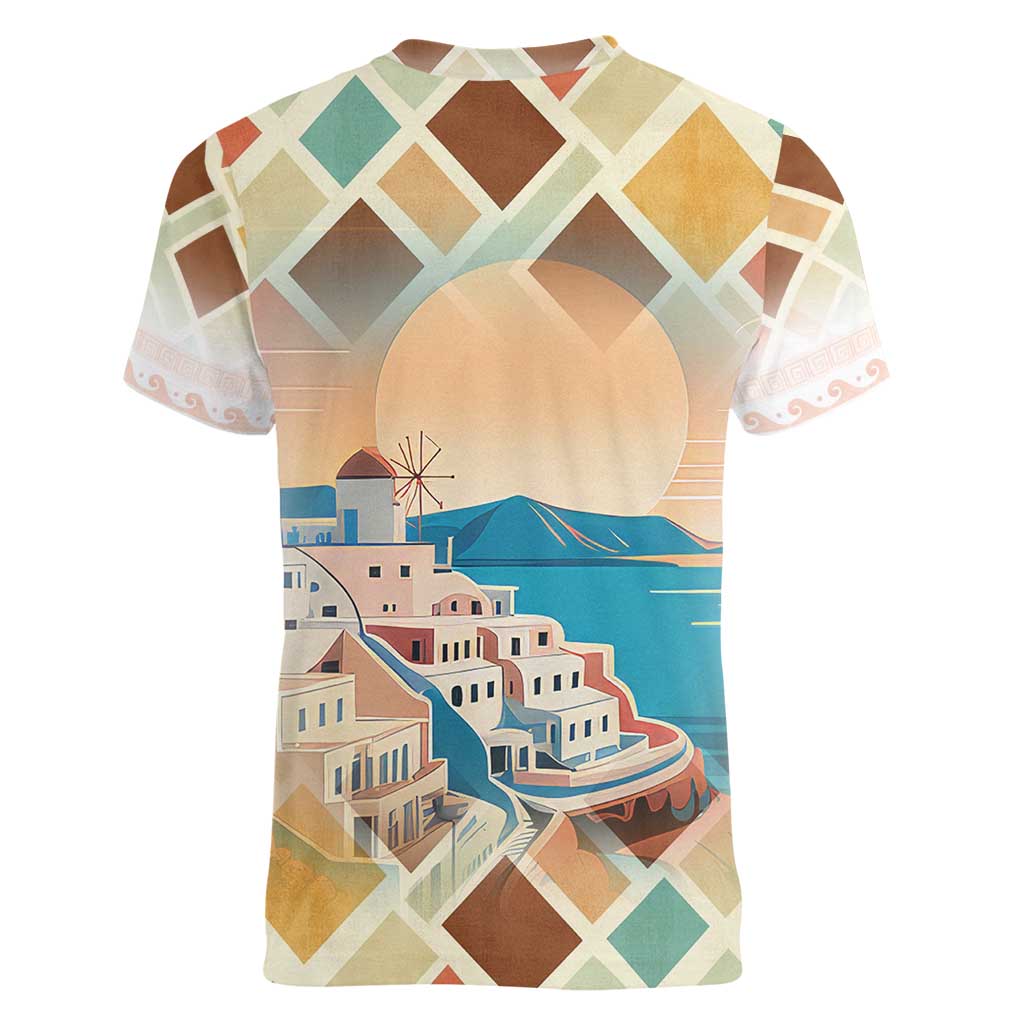 Santorini Greece Women V-Neck T-Shirt Sunset Village Print and Mediterranean Geometric Pattern