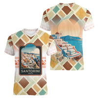 Santorini Greece Women V-Neck T-Shirt Sunset Village Print and Mediterranean Geometric Pattern