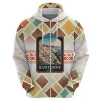 Santorini Greece Zip Hoodie Sunset Village Print and Mediterranean Geometric Pattern