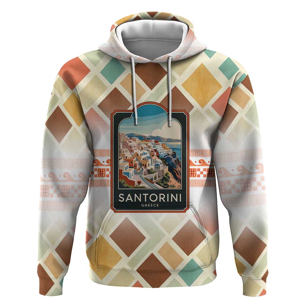 Santorini Greece Zip Hoodie Sunset Village Print and Mediterranean Geometric Pattern