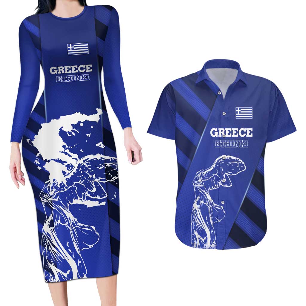 Greek Pride Couples Matching Long Sleeve Bodycon Dress and Hawaiian Shirt with Ancient Sculpture and National Map Graphic