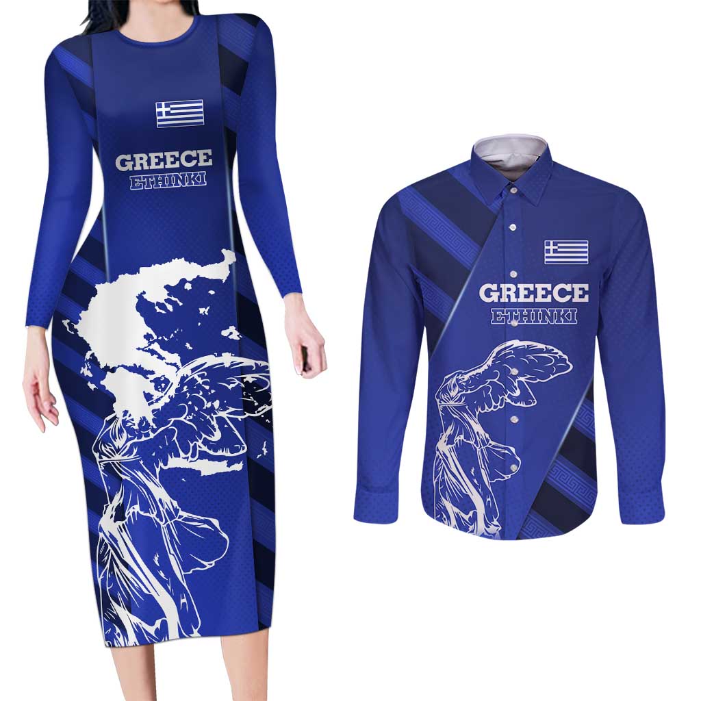 Greek Pride Couples Matching Long Sleeve Bodycon Dress and Long Sleeve Button Shirt with Ancient Sculpture and National Map Graphic