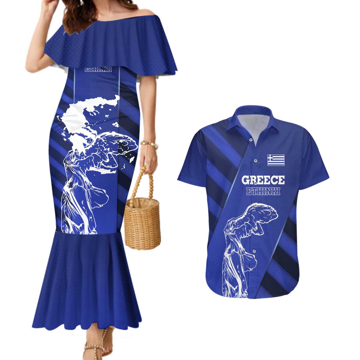 Greek Pride Couples Matching Mermaid Dress and Hawaiian Shirt with Ancient Sculpture and National Map Graphic