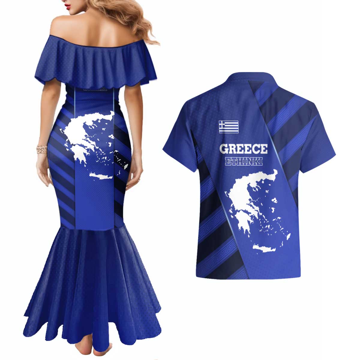 Greek Pride Couples Matching Mermaid Dress and Hawaiian Shirt with Ancient Sculpture and National Map Graphic
