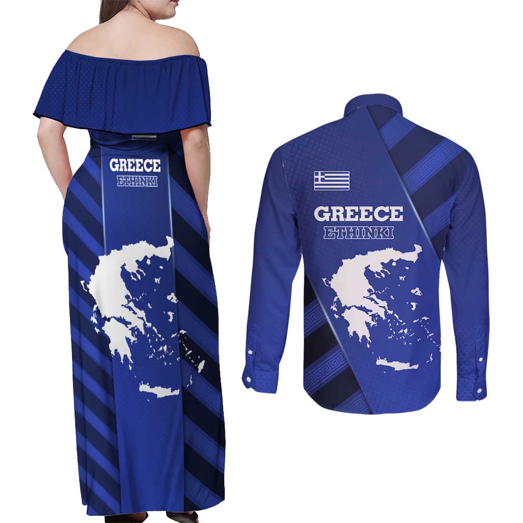 Greek Pride Couples Matching Off Shoulder Maxi Dress and Long Sleeve Button Shirt with Ancient Sculpture and National Map Graphic