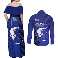 Greek Pride Couples Matching Off Shoulder Maxi Dress and Long Sleeve Button Shirt with Ancient Sculpture and National Map Graphic