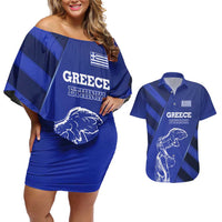 Greek Pride Couples Matching Off Shoulder Short Dress and Hawaiian Shirt with Ancient Sculpture and National Map Graphic