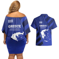 Greek Pride Couples Matching Off Shoulder Short Dress and Hawaiian Shirt with Ancient Sculpture and National Map Graphic