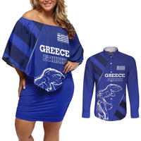 Greek Pride Couples Matching Off Shoulder Short Dress and Long Sleeve Button Shirt with Ancient Sculpture and National Map Graphic