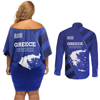 Greek Pride Couples Matching Off Shoulder Short Dress and Long Sleeve Button Shirt with Ancient Sculpture and National Map Graphic