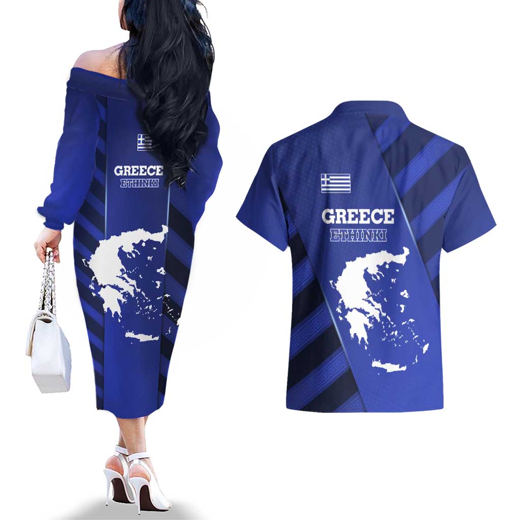 Greek Pride Couples Matching Off The Shoulder Long Sleeve Dress and Hawaiian Shirt with Ancient Sculpture and National Map Graphic