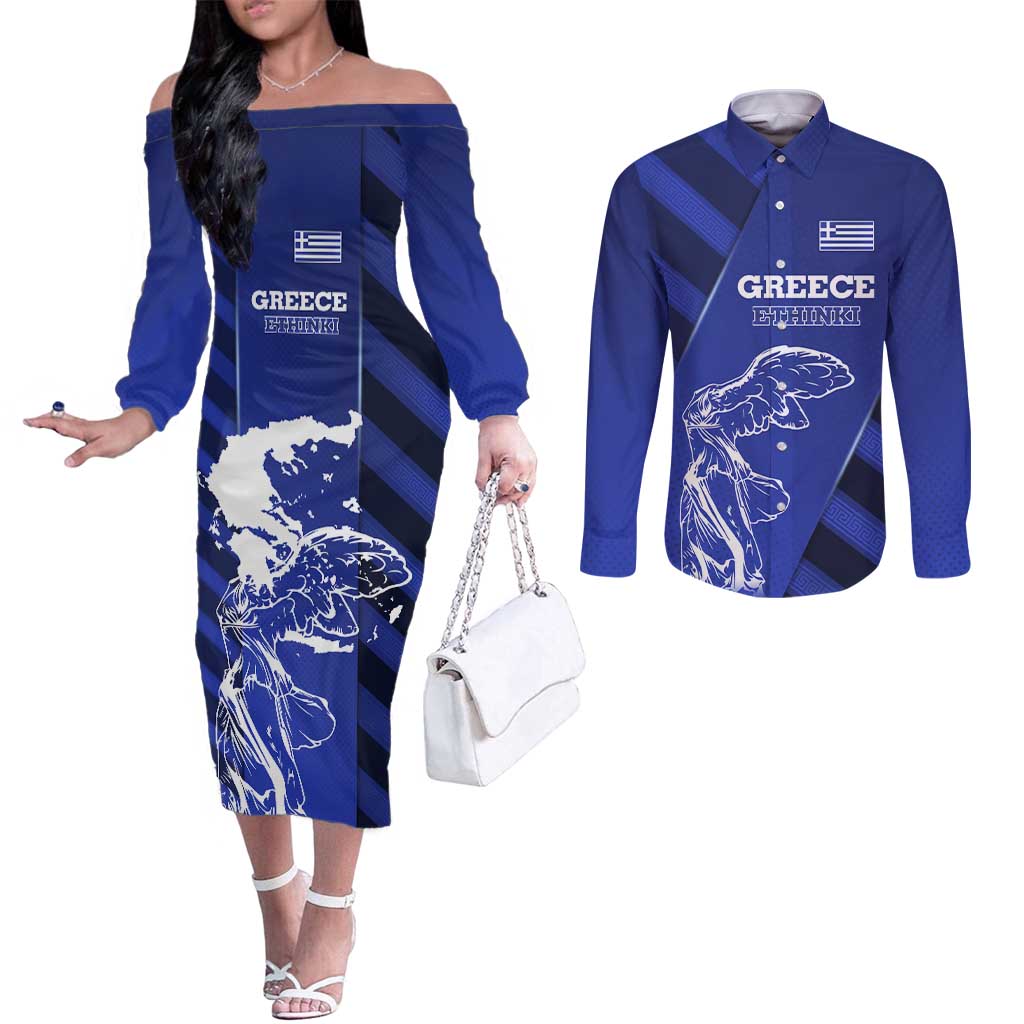 Greek Pride Couples Matching Off The Shoulder Long Sleeve Dress and Long Sleeve Button Shirt with Ancient Sculpture and National Map Graphic