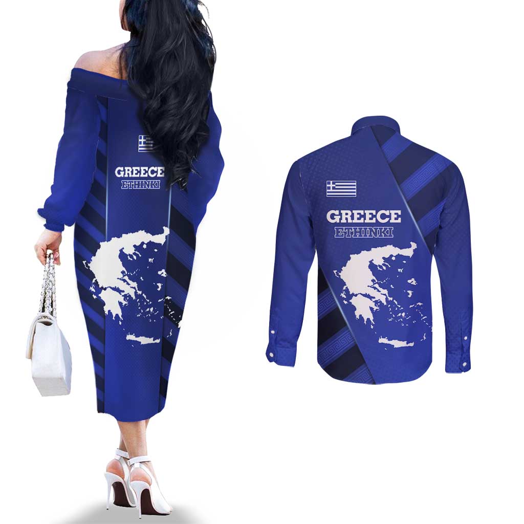 Greek Pride Couples Matching Off The Shoulder Long Sleeve Dress and Long Sleeve Button Shirt with Ancient Sculpture and National Map Graphic